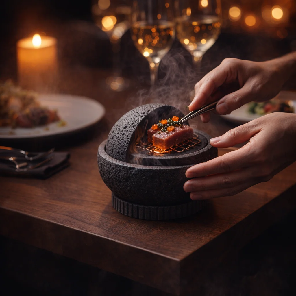 Lavaplatta vulkansten tallrik vid romantisk middag med stearinljus och eleganta gastgivning