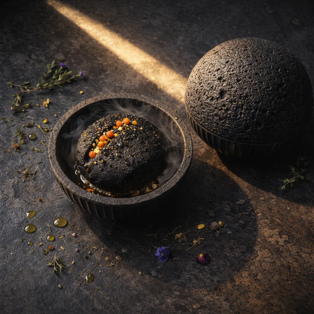 Premium vulkansten tallrik ovaniframperspektiv med vackert upplagd mat och dramatisk belysning