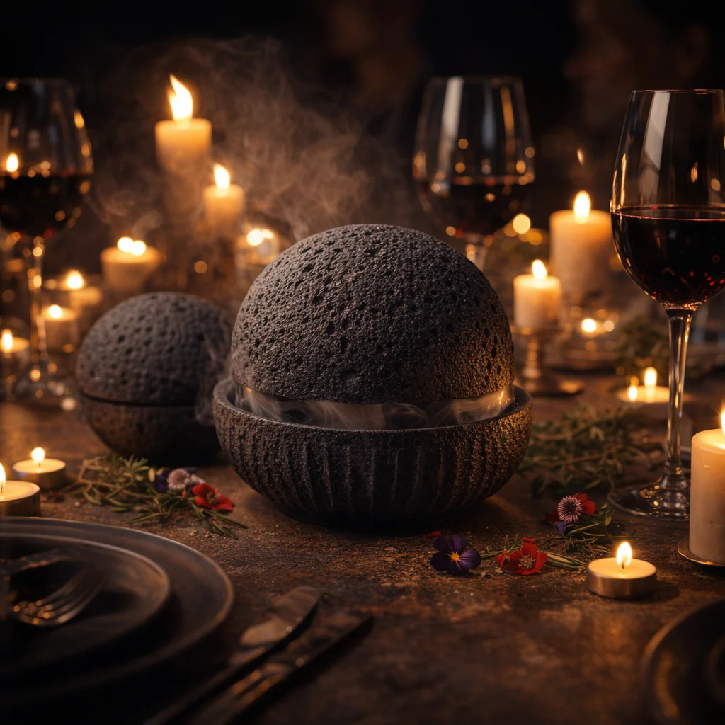 Vulkansten tallrik pa ett elegant dukat middagsbord med levande ljus och vinglasogon