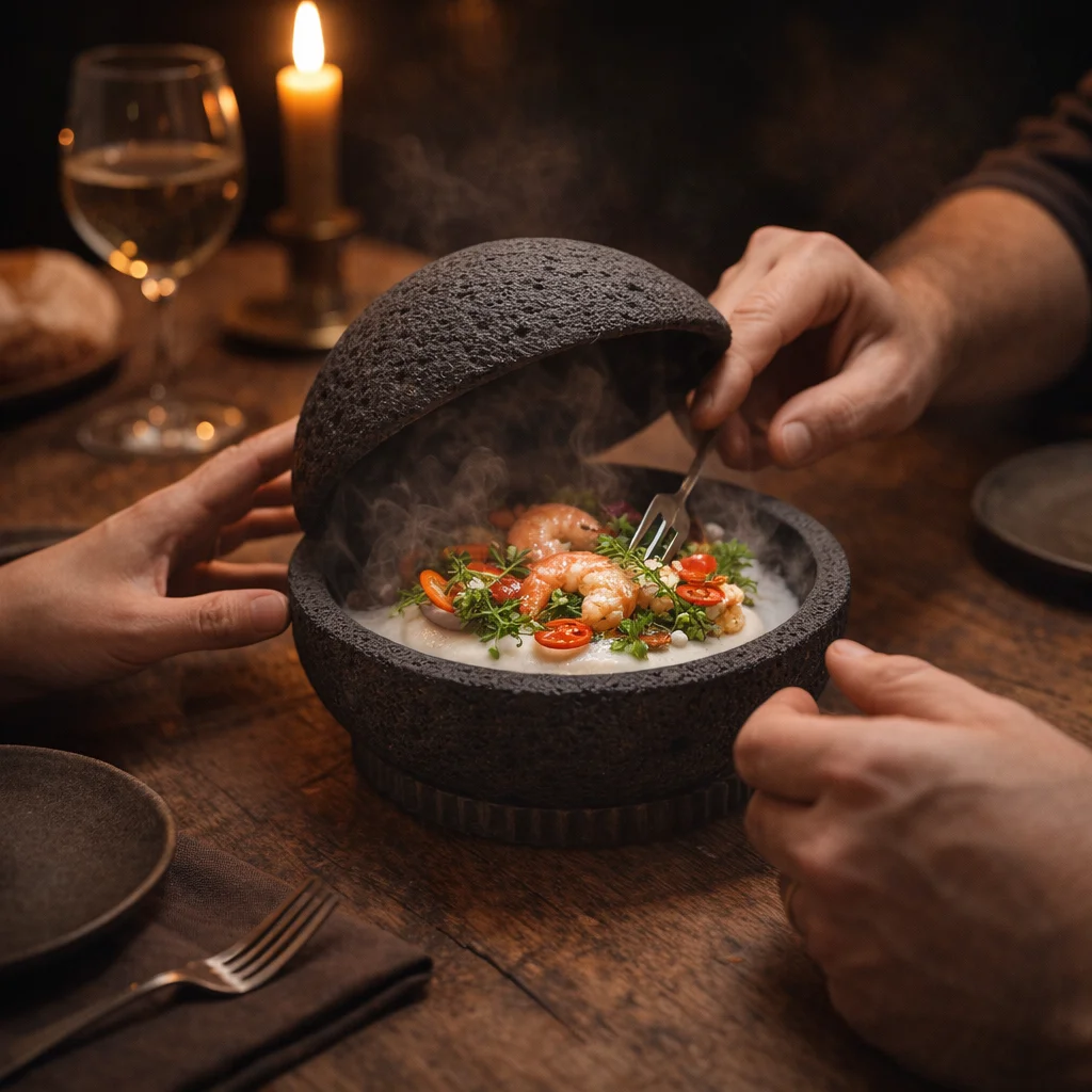 Vulkansten serveringsfat anvands vid ett romantiskt middagsbord for tva